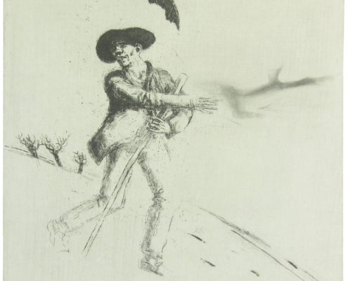 Ullrich Hachulla, Wanderer – nach: „Die Winterreise“ (Die Krähe) von F. Schubert, 2015/16, Strichätzung/Aquatinta, 42 x 39,5 cm