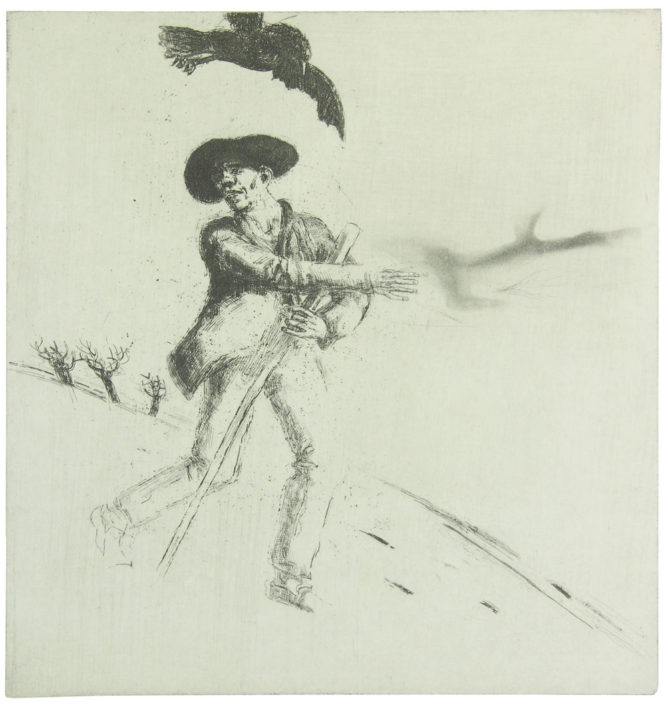 Ullrich Hachulla, Wanderer – nach: „Die Winterreise“ (Die Krähe) von F. Schubert, 2015/16, Strichätzung/Aquatinta, 42 x 39,5 cm