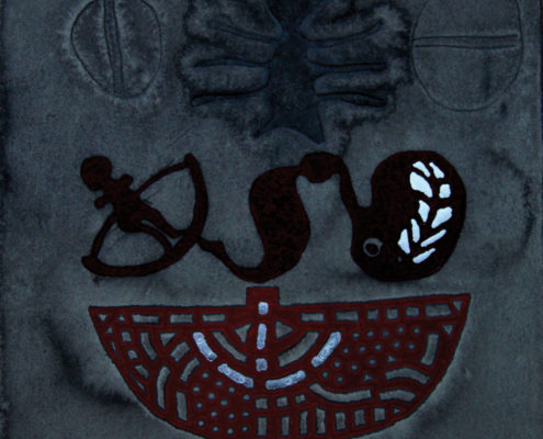 Erich Wolfgang Hartzsch, Meerenge, 2016, Holzdruck, Lederdruck, Prägedruck, Tusche graviert, 35 x 30,5 cm