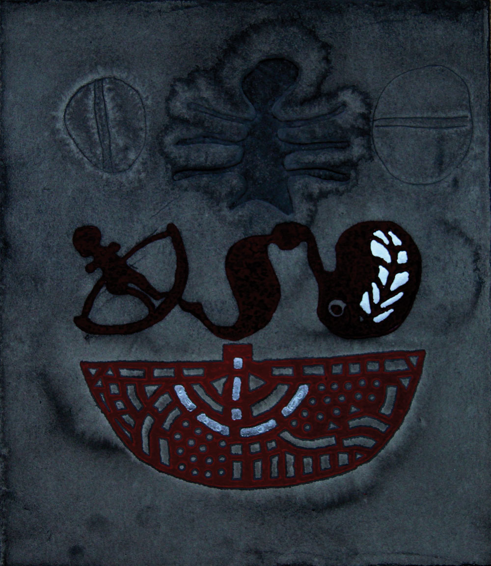 Erich Wolfgang Hartzsch, Meerenge, 2016, Holzdruck, Lederdruck, Prägedruck, Tusche graviert, 35 x 30,5 cm