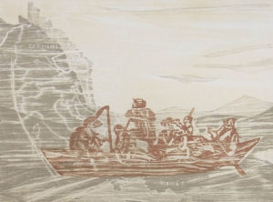 Constanze Hohaus, Überfahrt zum Schreckenstein heute/nach L. R., 2016, Farbholzschnitt, 29 x 40 cm