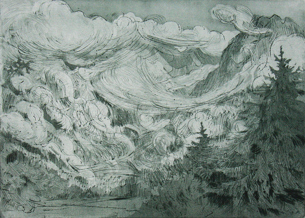 Katrin Kunert, Hochplateau, 2015, Farbradierung (Aquatinta, Vernis mou, Kaltnadel), 20 x 27,5 cm