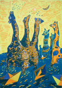Nadine Respondek, Vor zurück zur Seite ran, 2016, Linolschnitt/Holzschnitt, 42 x 30 cm