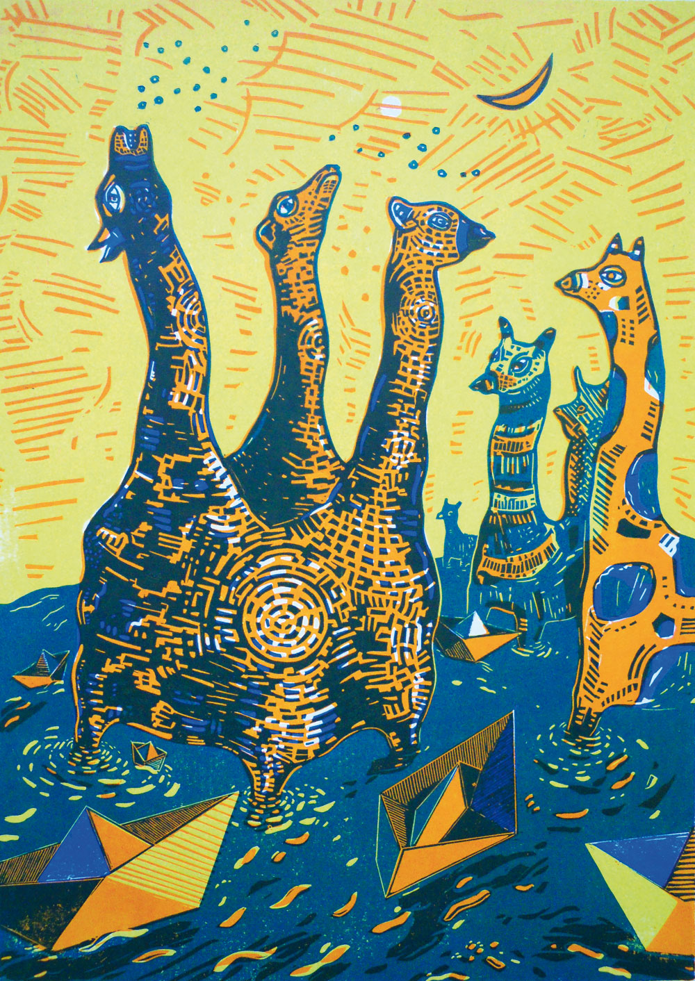 Nadine Respondek, Vor zurück zur Seite ran, 2016, Linolschnitt/Holzschnitt, 42 x 30 cm