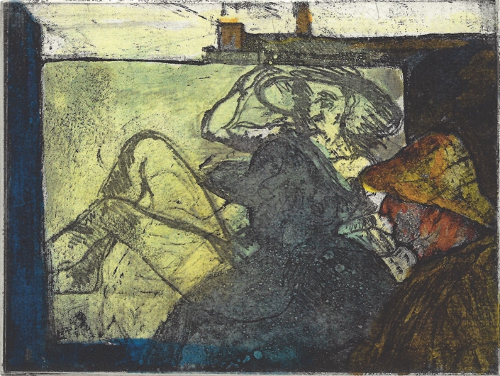 Jürgen Wenzel, Im Atelier, 2017, Farbradierung, 27x19cm Leipziger